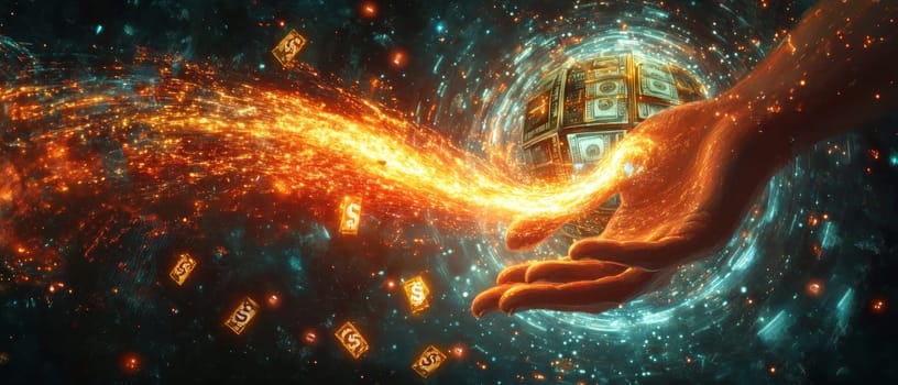 A stream of digital content flowing from a creator’s hand, pixel by pixel, into a glowing vault filled with dollar signs and monetization symbols.