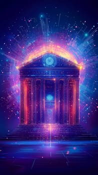 A glowing central bank building with holographic data streams radiating outward, connecting to digital wallets and financial systems. The building sits at the core of a vast digital network.
