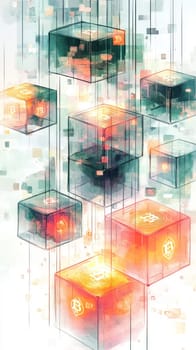 A blockchain grid with glowing digital coins traveling through transparent blocks. Each block is connected to central banks, representing the secure transfer of CBDCs through blockchain technology.