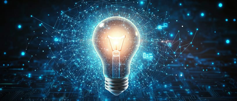 A glowing lightbulb surrounded by a swirling cloud of holographic blue lines, dots, and circuit patterns. Particle effects represent creative ideas forming and expanding in the digital space.