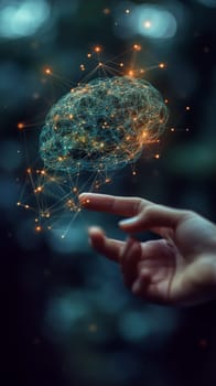 A hand reaching towards a floating holographic brain filled with glowing lines and connections. Each connection represents an idea taking form, as entrepreneurial ventures evolve into reality.