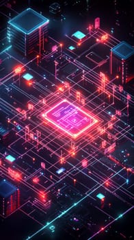 A glowing holographic blueprint of a tech startup, with lines connecting servers, apps, and devices. The image captures the complexity of building a digital business in a networked world.