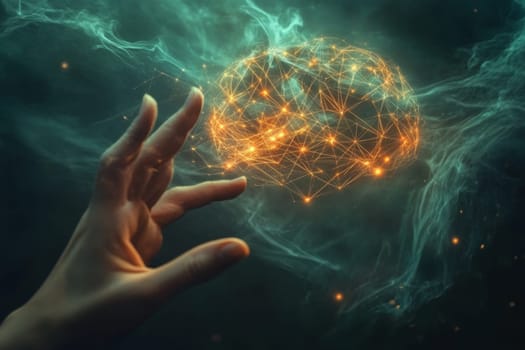 A hand reaching towards a floating holographic brain filled with glowing lines and connections. Each connection represents an idea taking form, as entrepreneurial ventures evolve into reality.