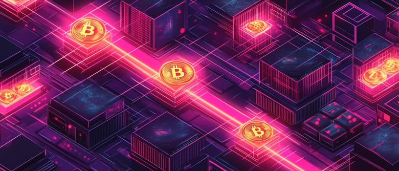 A blockchain grid with glowing digital coins traveling through transparent blocks. Each block is connected to central banks, representing the secure transfer of CBDCs through blockchain technology.
