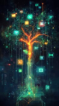 A glowing tree made of digital circuits, with branches extending out into holographic devices, apps, and data streams. Each branch symbolizes a new digital business or entrepreneurial idea.