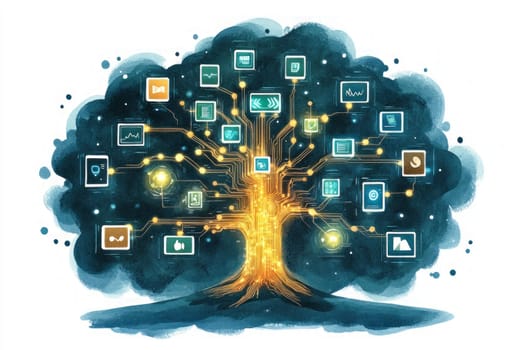 A glowing tree made of digital circuits, with branches extending out into holographic devices, apps, and data streams. Each branch symbolizes a new digital business or entrepreneurial idea.