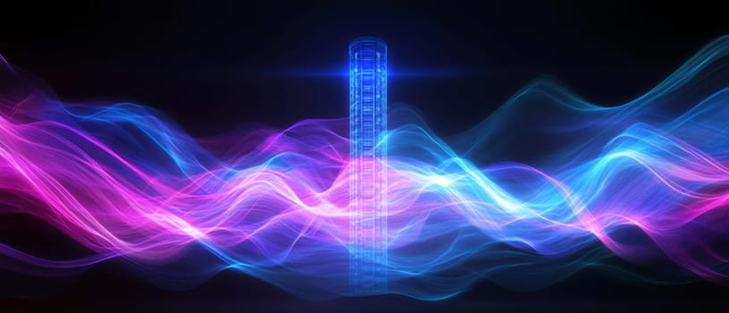 A glowing spectrum of vibrant blue and violet waves emanating from a central tower, representing 5G signals. The waves ripple outward, connecting holographic devices and smart infrastructure.