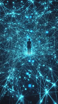 A lone figure standing at the center of a glowing, interconnected web of digital platforms and apps. Blue-toned lines and dots connect their device to a vast network of opportunities.