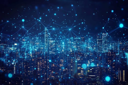A futuristic city skyline illuminated by glowing blue-toned dots and lines, representing 5G signals connecting every device and structure.