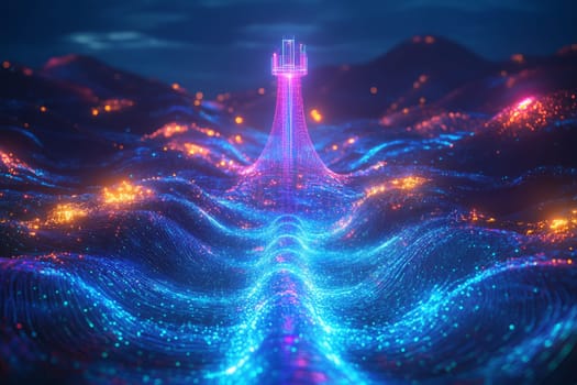 A glowing spectrum of vibrant blue and violet waves emanating from a central tower, representing 5G signals. The waves ripple outward, connecting holographic devices and smart infrastructure.