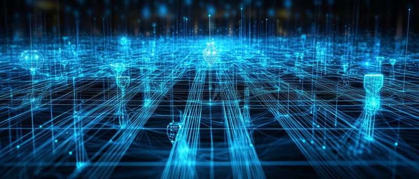 A dense web of interconnected blue lines and nodes stretches across a digital landscape, symbolizing the ultra-fast speed of 5G. Holographic devices and users are linked seamlessly across the grid.