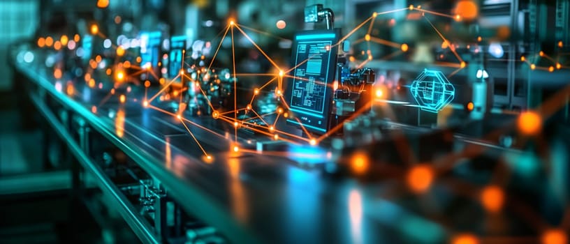 A futuristic factory glowing with holographic lines connecting machines, robots, and digital dashboards.