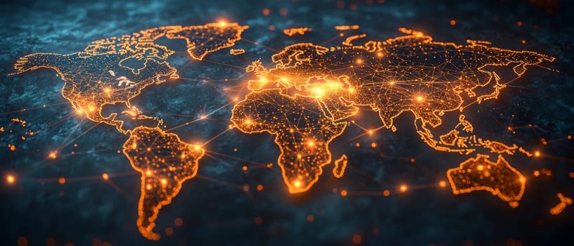 A glowing web of interconnected holographic lines and dots stretches across a map of the world, symbolizing global digital supply chain management. Cargo boxes and routes light up in real-time.