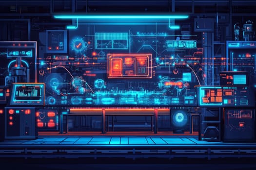 A futuristic factory glowing with holographic lines connecting machines, robots, and digital dashboards.