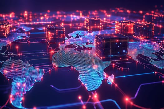 A glowing web of interconnected holographic lines and dots stretches across a map of the world, symbolizing global digital supply chain management. Cargo boxes and routes light up in real-time.