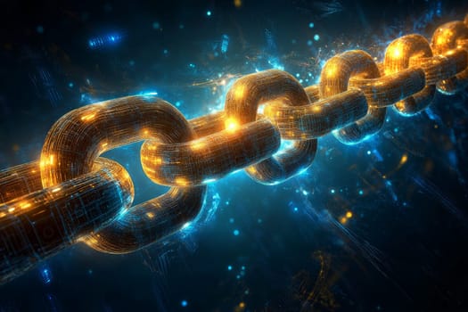 A glowing chain made of holographic links, each representing a stage of the digital supply chain—from production to distribution.