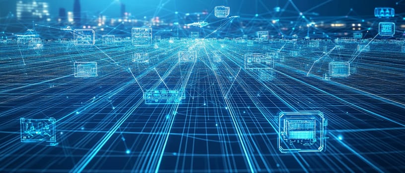 A grid of blue-toned nodes and lines connects digital warehouses, factories, and transportation hubs. Data streams and holographic icons of trucks, ships, and drones hover over each node.