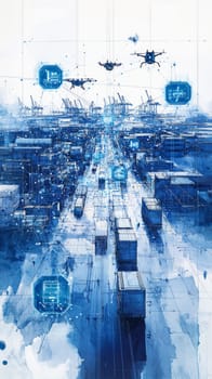A grid of blue-toned nodes and lines connects digital warehouses, factories, and transportation hubs. Data streams and holographic icons of trucks, ships, and drones hover over each node.
