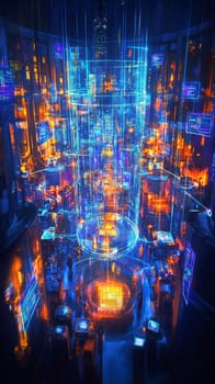 A futuristic factory glowing with holographic lines connecting machines, robots, and digital dashboards.