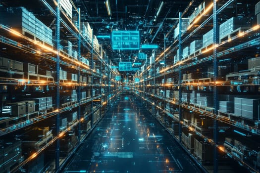 A virtual warehouse filled with glowing shelves and holographic containers.