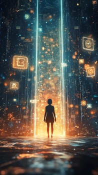 A person standing in front of a glowing digital portal, one foot in the real world and the other in a virtual environment. The virtual side is filled with floating 3D holograms and data streams.