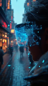 A person wearing AR glasses, viewing a street scene where glowing blue-toned lines and dots form digital overlays on real-world objects, providing directions, information, and enhancements.