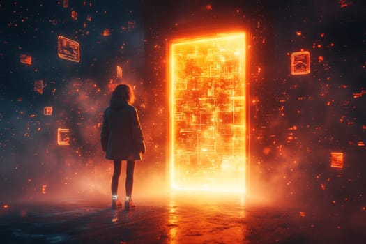 A person standing in front of a glowing digital portal, one foot in the real world and the other in a virtual environment. The virtual side is filled with floating 3D holograms and data streams.