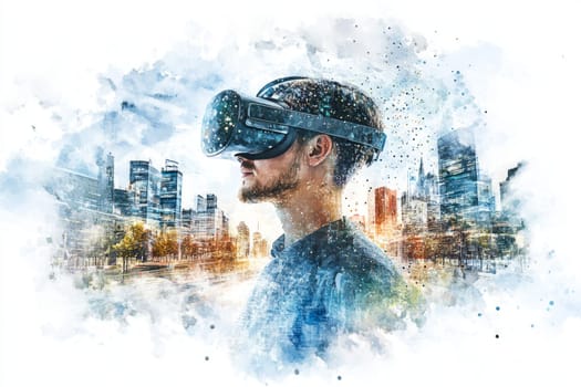 A user in a VR headset, surrounded by a 360-degree immersive environment of a futuristic city. Particle effects swirl around the user, showing a dynamic interaction between real and virtual.