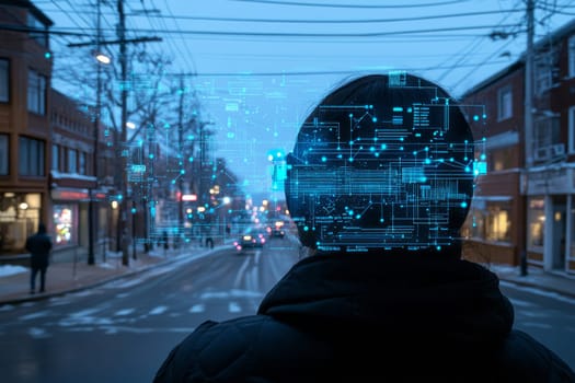 A person wearing AR glasses, viewing a street scene where glowing blue-toned lines and dots form digital overlays on real-world objects, providing directions, information, and enhancements.