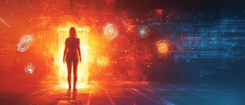 A person standing in front of a glowing digital portal, one foot in the real world and the other in a virtual environment. The virtual side is filled with floating 3D holograms and data streams.