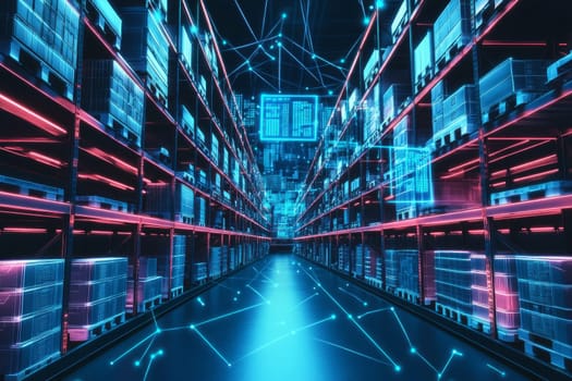 A virtual warehouse filled with glowing shelves and holographic containers.