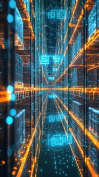 A virtual warehouse filled with glowing shelves and holographic containers.
