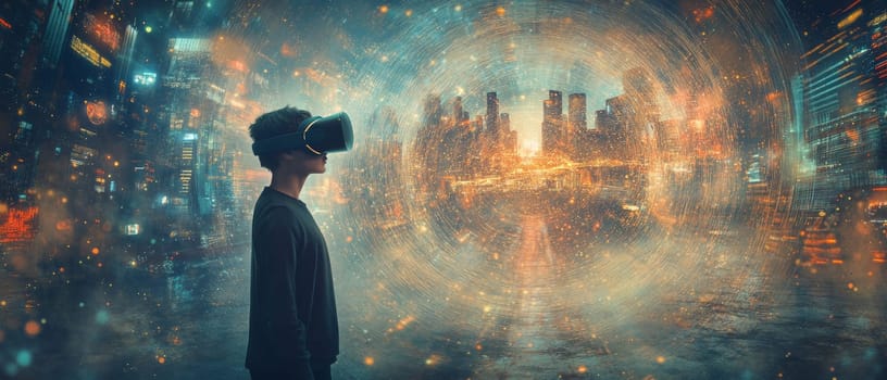 A user in a VR headset, surrounded by a 360-degree immersive environment of a futuristic city. Particle effects swirl around the user, showing a dynamic interaction between real and virtual.