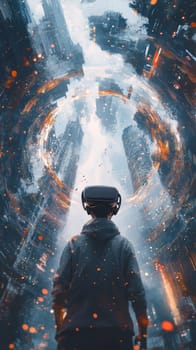 A user in a VR headset, surrounded by a 360-degree immersive environment of a futuristic city. Particle effects swirl around the user, showing a dynamic interaction between real and virtual.