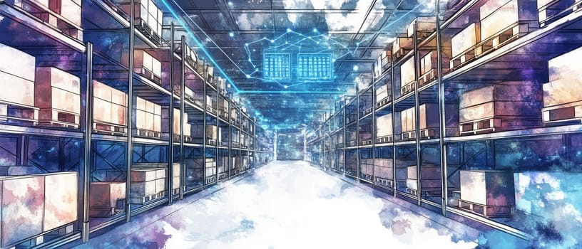 A virtual warehouse filled with glowing shelves and holographic containers.