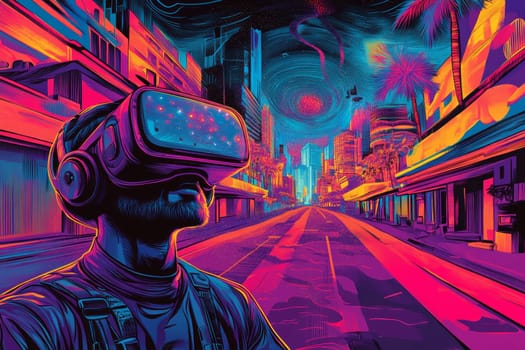 A user in a VR headset, surrounded by a 360-degree immersive environment of a futuristic city. Particle effects swirl around the user, showing a dynamic interaction between real and virtual.