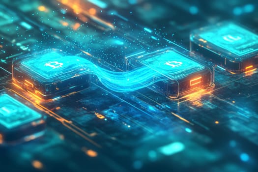 A glowing stream of digital currency flowing between holographic wallets. Blue-toned lines and particle effects surround the transaction, symbolizing the seamless flow of digital payments in fintech.