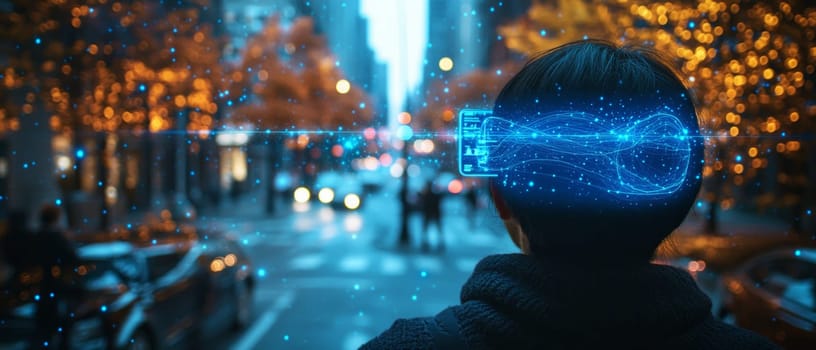 A person wearing AR glasses, viewing a street scene where glowing blue-toned lines and dots form digital overlays on real-world objects, providing directions, information, and enhancements.
