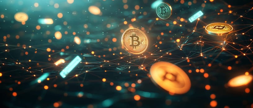 A vast, glowing network of interconnected nodes, representing digital payment systems worldwide. Holographic coins and digital cards float through the network, showing the global fintech ecosystem.