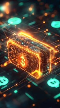 A glowing digital wallet in mid-air, with lines of data and holographic currency symbols surrounding it. The wallet is connected to a web of transactions, representing modern fintech solutions.
