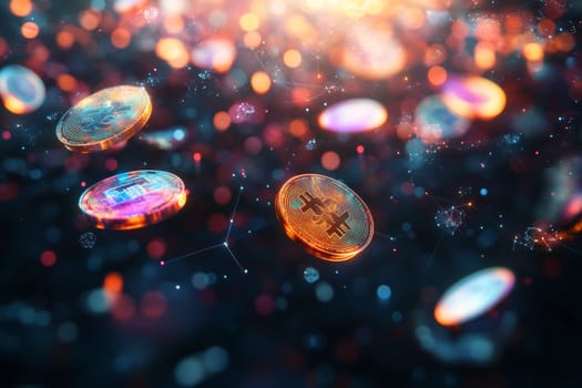 A vast, glowing network of interconnected nodes, representing digital payment systems worldwide. Holographic coins and digital cards float through the network, showing the global fintech ecosystem.