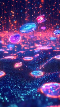A vast, glowing network of interconnected nodes, representing digital payment systems worldwide. Holographic coins and digital cards float through the network, showing the global fintech ecosystem.