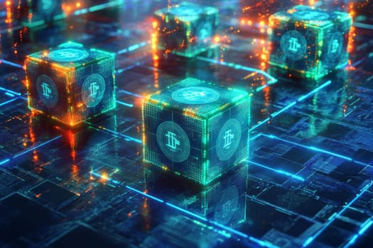 A futuristic digital grid where blocks of transactions float, linked by glowing blue lines. Holographic currencies move between them, symbolizing secure and transparent payment systems in fintech.