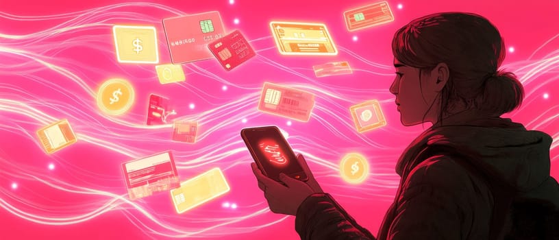 A person holding a smartphone, surrounded by glowing holographic waves, representing contactless payments.