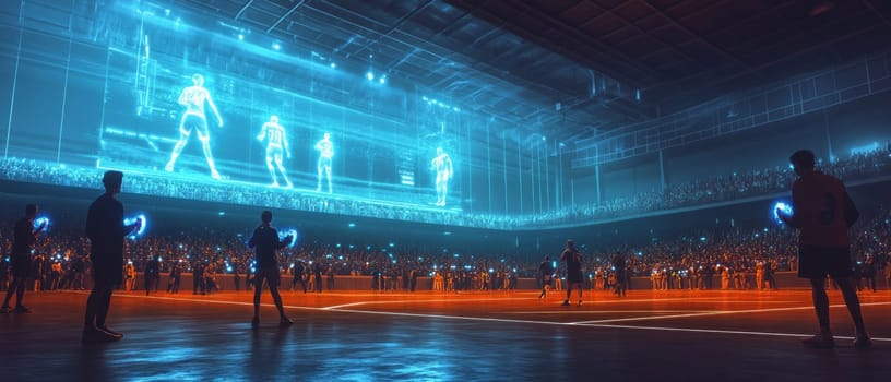 A large sports arena where the game is both real and virtual. Spectators wearing AR devices see glowing holographic stats and enhanced visuals of players, blending real-time with digital augmentation.