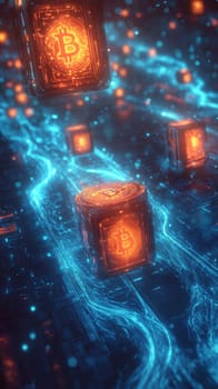 A glowing stream of digital currency flowing between holographic wallets. Blue-toned lines and particle effects surround the transaction, symbolizing the seamless flow of digital payments in fintech.
