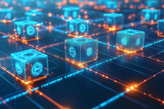 A futuristic digital grid where blocks of transactions float, linked by glowing blue lines. Holographic currencies move between them, symbolizing secure and transparent payment systems in fintech.