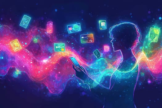 A person holding a smartphone, surrounded by glowing holographic waves, representing contactless payments.