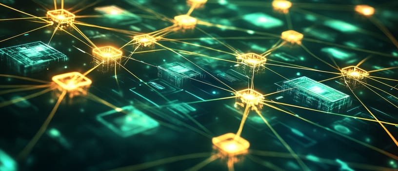 A vast network of interconnected nodes, each holding holographic files and documents. Glowing lines connect the nodes, symbolizing the digital preservation of information in a global archive system.