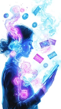 A person holding a smartphone, surrounded by glowing holographic waves, representing contactless payments.